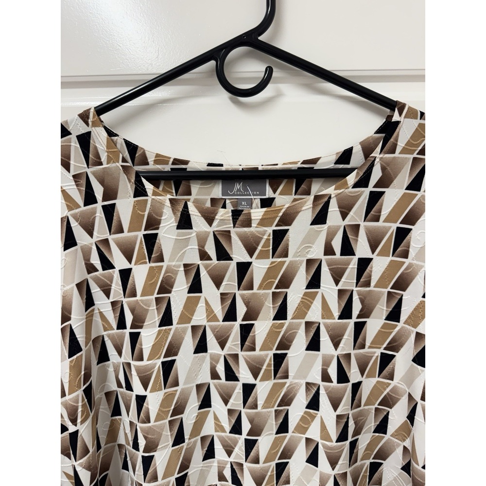 JM Collection Tunic Top Blouse XL Earthtone Geometric Stretchy 3/4 Sleeve 0017